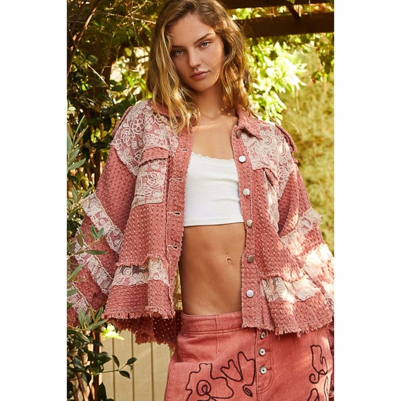 POL Jackets & Blazers - POL Coral Pink Twill & Lace Patchwork Jacket | Button Front Balloon Sleeves